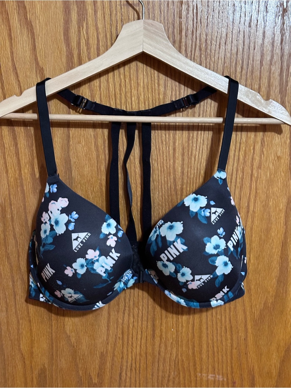 PINK Victoria's Secret Black Floral Push-Up Bra with Blue & White Flowers Sz 38D